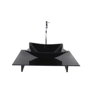 KIT CUBA DE VIDRO RETANGULAR COM TAMPO 60CM PRETO FULL E SUPORTE PRETO