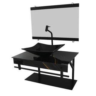 GABINETE DE VIDRO 60CM APX COM CUBA QUADRADA MÁRMORE PRETO DOURADO