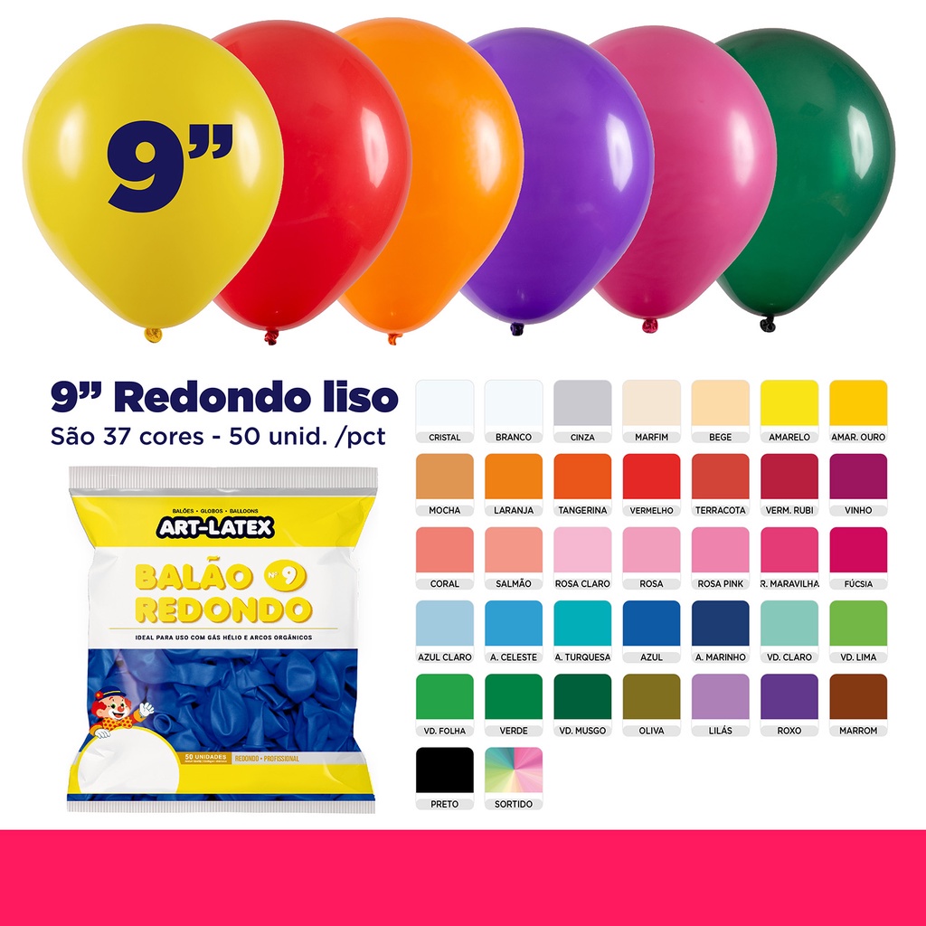 Balão Redondo 9" Diversas Cores – 50 Unidades – Art Latex