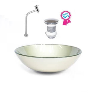 CUBA DE VIDRO REDONDA 31CM CHAMPANHE + VÁLVULA CLICK + TORNEIRA DE METAL