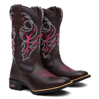 Bota Botina Texana Feminina Country Florido Rosa Em Couro