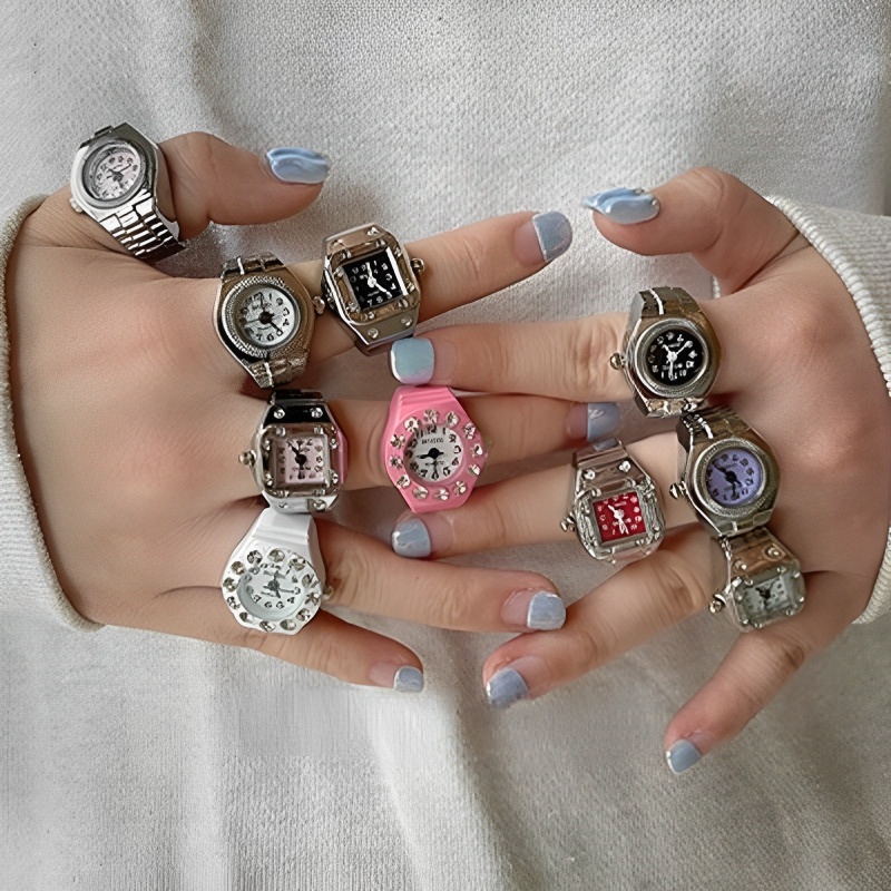 [Destaque] Relógio De Dedo Punk Vintage Mini Pulseira Elástica Relógios Anéis De Casal Mulheres Homens Moda Hip Hop Lega