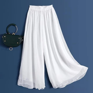 Calças Femininas De Chiffon Com Pernas Largas , Soltas , Camada Dupla , Saia De Dança Grande , Versátil , Cintura Alta ,