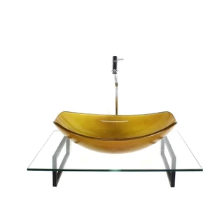 KIT CUBA DE VIDRO OVAL CHANFRADA DOURADO REAL COM TAMPO 60CM INCOLOR E SUPORTE PRETO