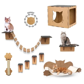 Kit Playground Para Gato 9 peças Degraus Nicho Arranhador Ponte Em MDF