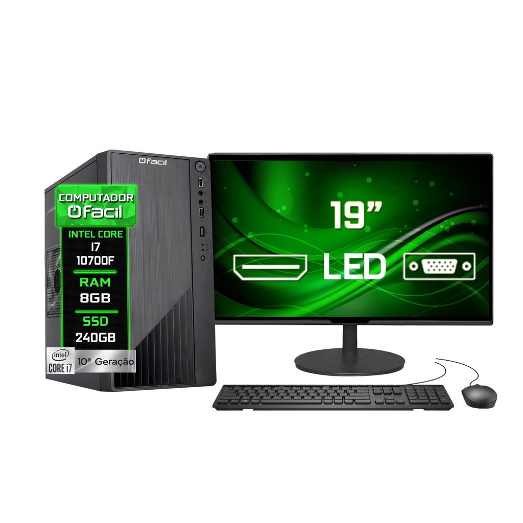 Computador Completo Fácil Intel Core i7 10700F (10ª Geração) 8GB DDR4 Geforce Nvidia SSD 240GB Monitor 19" Led