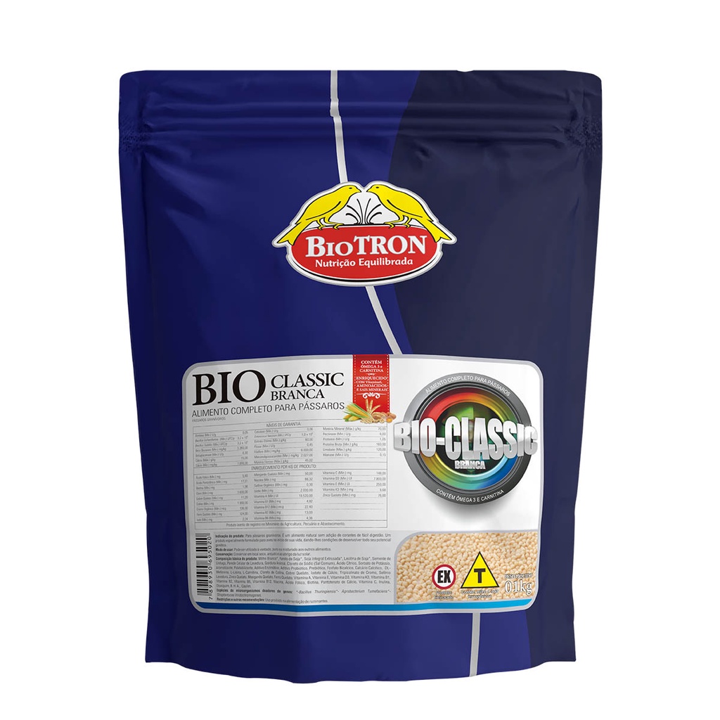 Ração Bio Classic Branca 1kg Extrusada Neutra Sem Pigmento Pássaros Biotron