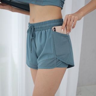 Calções esportivos femininos de secagem rápida Casual de tamanho grande Drawstring Strap de bolso Calções de Yoga Fitness