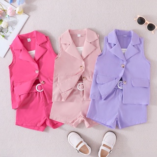 Terno For Kid Girl 3-7 Years old Fashion Formal Sleeveless Coat Vest E Shorts Summer Elegant Outfit Roupa De Verão Bebê Infantil Conjunto De Moda Ootd Baby