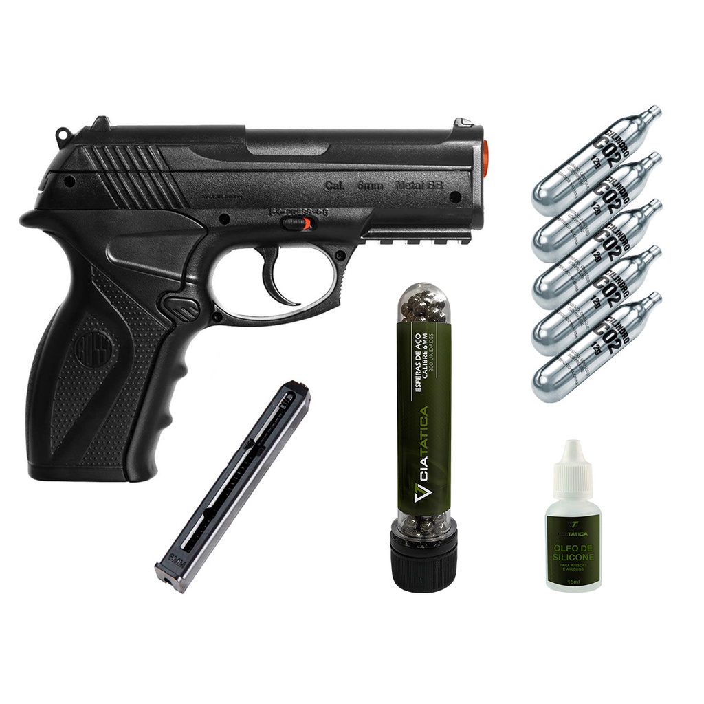 Pistola Pressão 6.0 Co2 Rossi C11 Airgun Com Magazine Extra, 200 Esferas de Aço 6mm, 5 Cilindros Co2 e Silicone
