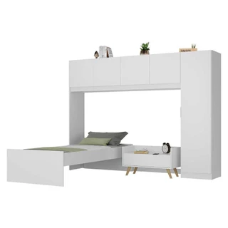 Cama de Solteiro com Colchão/Guarda Roupa/Mesa de Cabeceira Retrô Dublin Multimóveis MP4037 Bca/Nat