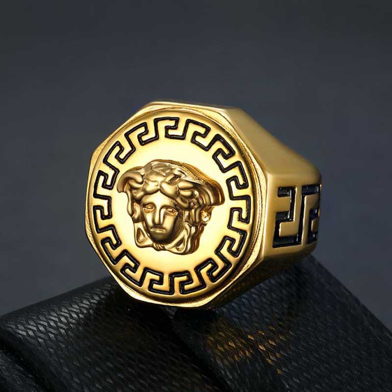 Hip Hop Cuban Gilded Male Ring Mythology Rings Ancient Grego Medusa Titanium Aço Homens E Mulheres Presente Dia dos Namorados