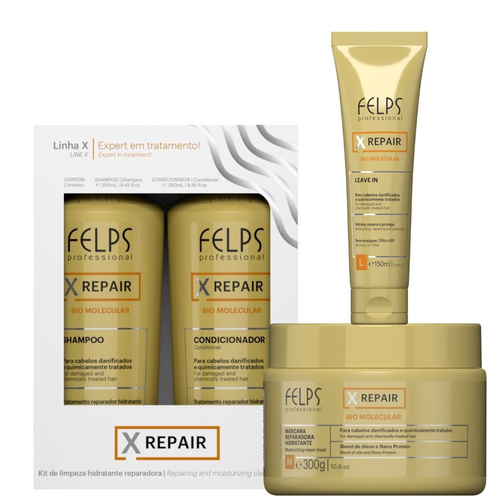 Felps Xrepair Kit Duo 2x250ml + Máscara 300g + Leave-In 150ml | Shopee ...