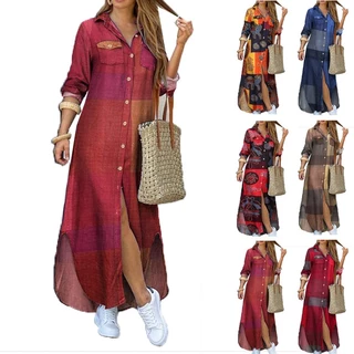 Moda Botões Manga Longa Camisa Vestido Mulher 2023 Primavera Casual Impressão Escritório Vestidos Longos Para