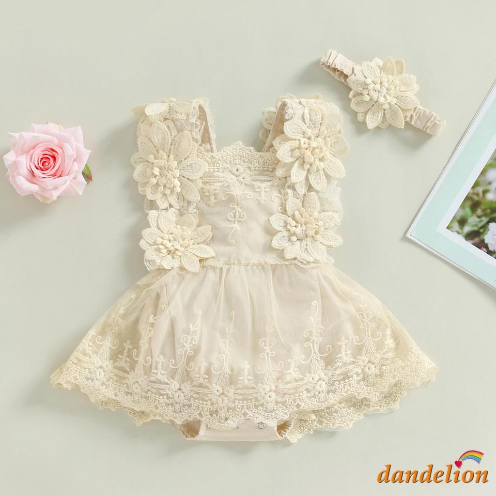 * Flower Romper Com Faixa De Cabeça 0-18 Meses Baby Girls Sleeveless Square Neck Floral Lace Casual Party Street Bodysuit Tops Verão