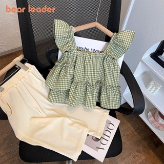 Conjunto De Roupas Casuais Para Meninas Líderes De Urso Baby Girl 2023 Nova Manga De Mosca De Verão Verificado Top + Calças Sólidas Duas Peças
