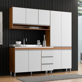 Cozinha Modulada Compacta 200 Cm Balcão Paneleiro 3 Pçs Sabrina MDP Branco MENU