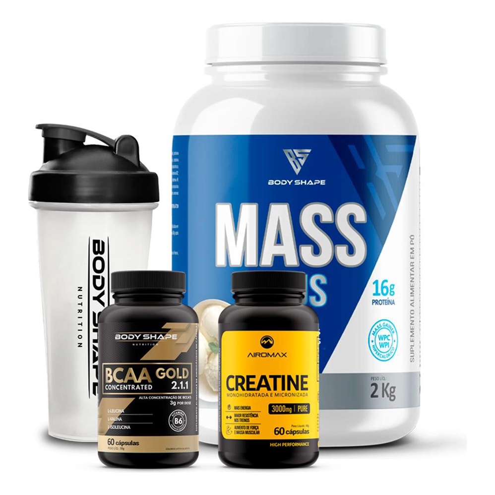 Mass Whey 2kg + Creatina 100% Pura 60 caps + Bcaa 60 caps + Coqueteleira