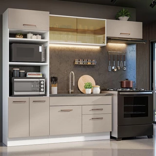 Armário de Cozinha Completa 270cm Branco/Crema Agata Madesa 04 em Oferta na Shopee