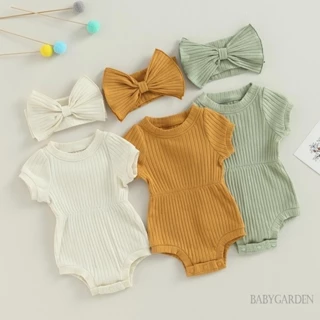 Roupa de verão para infantil bebê menina de 0 a 18 meses: macacão de manga curta em cor sólida com faixa de cabelo