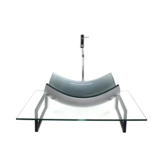 KIT CUBA DE VIDRO RETANGULAR CURVADA PRATA COM TAMPO 60CM INCOLOR E SUPORTE TORNEIRA VALVULA