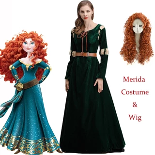 Fantasia Disney Merida Princesa Para Mulheres Adultas Brava Verde Escuro Maxi Vestido Com Peruca Festa De Aniversário De Halloween Cosplay