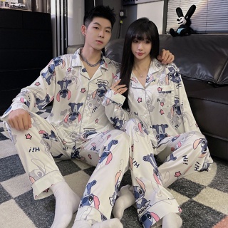 Moda Coreana Mulheres Homens Mais Tamanho M-3XL Manga Longa De Seda Pijamas  Conjunto De Feminino Casais Masculinos Roupa De Noite