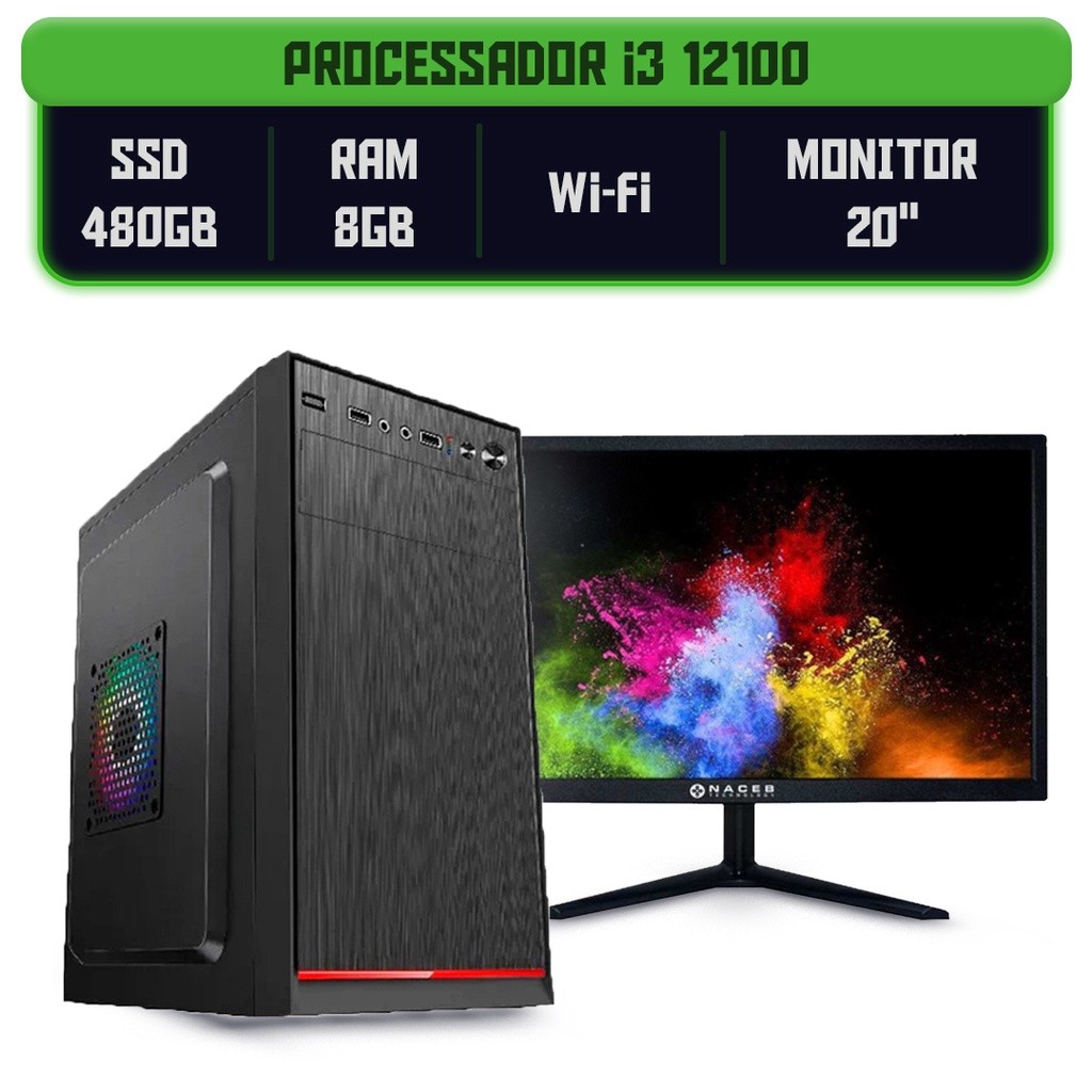 Computador Completo I3 12100 Ram 8gb Ssd 480gb Monitor 20
