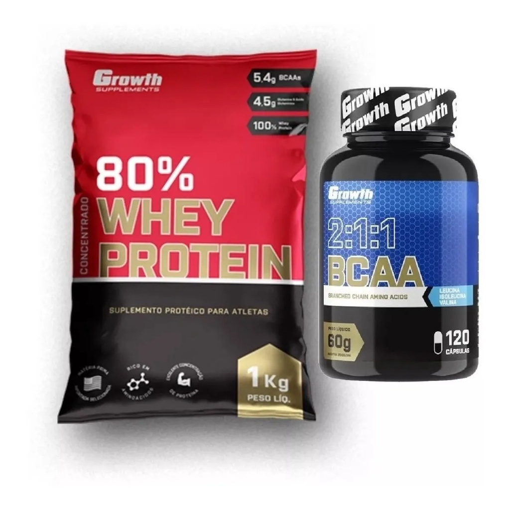 Kit Whey Protein Concentrado 1kg + Bcaa 120 Caps Growth