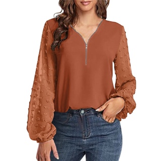 Elegante Camisa Ruffle Loose Blusa Casual Mulher V Zíper Pescoço Solto Puff  Manga Longa Blusas Camisas De Mujer