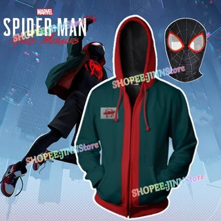 - JN-Casaco Cosplay Homem/Mulher Super-Aranha Miles Morales Através Do Casual Com Capuz Zíper Verso