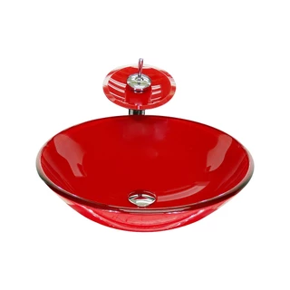 CUBA DE VIDRO REDONDA 31CM VERMELHO FERRARI + VALVULA + TORNEIRA CASCATA