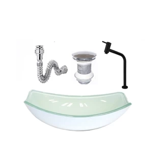 CUBA DE VIDRO OVAL CHANFRADA 46CM BRANCA + VALVULA + TORNEIRA METAL PRETA + SIFAO