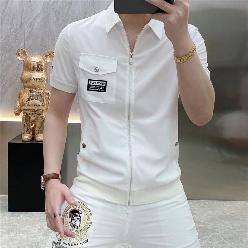 2023 Summer New Style Slim-fit Bonitão Lapela Estilo Fino Lapela Estilo Fino Camiseta de Manga Curta Jovem Meia Manga Combinada
