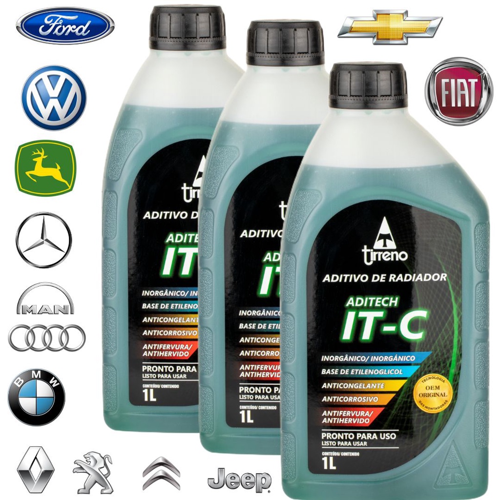 Kit 3L Aditivo para Radiador Inorgânico IT-C Verde Pronto Uso Original Tirreno Motor Ferro fundido e aço Aprovado para montadoras GM, Fiat, VW, Ford, MAN, Mercedes, John Deere, Iveco, Jeep, Renault, Citroen, Peugeot, PSA, BMW
