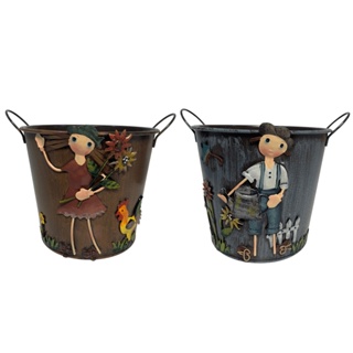 Vaso Cachepot Decorativo de Ferro com Menino e Menina 16cm