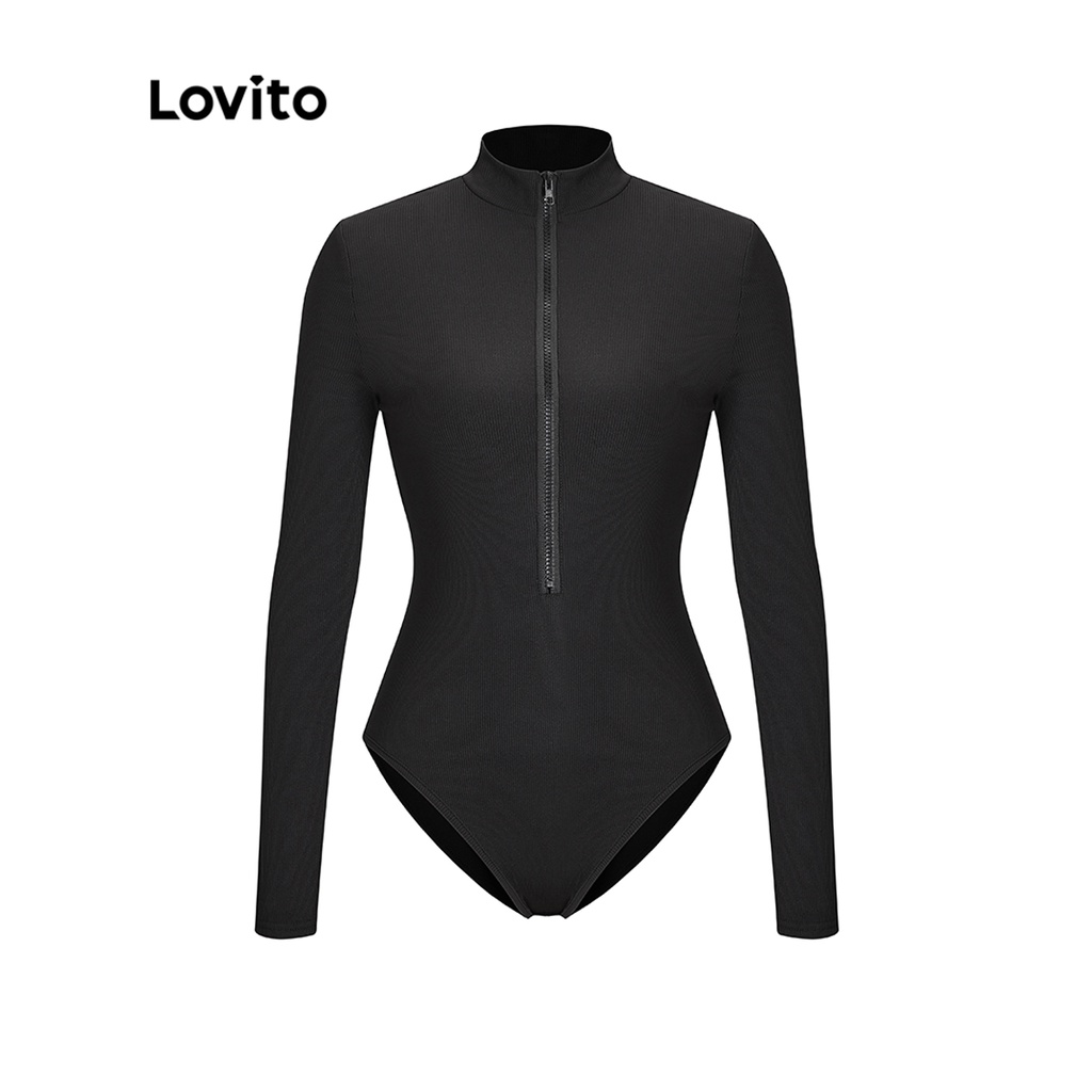 Lovito Casual Body Feminino Básico Liso De Manga Comprida Com Zíper LNE01039 (Preto)