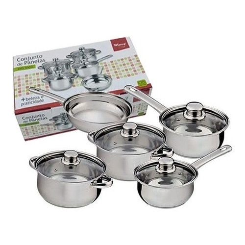 Conjunto Panelas Aço Inox 5 Peças Com Tampas De Vidro