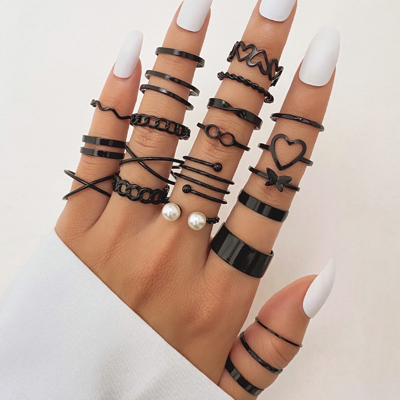 22 Pcs/Set women Fashion Twist Hollow Heart Pearl Rings Para Mulheres Anéis Cruzados Vintage Conjunto De Jóias Presentes