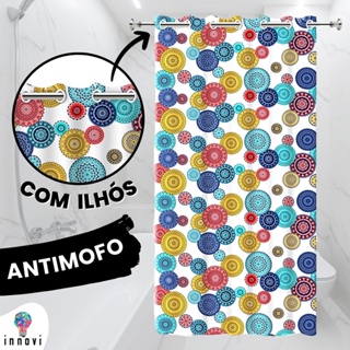 Cortina para Box de Banheiro Antimofo e Anti Ácaros com Gancho Ilhós Colorida Estampa de Mandala