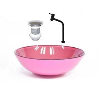 CUBA DE VIDRO REDONDA 31CM ROSA + VALVULA + TORNEIRA PRETA