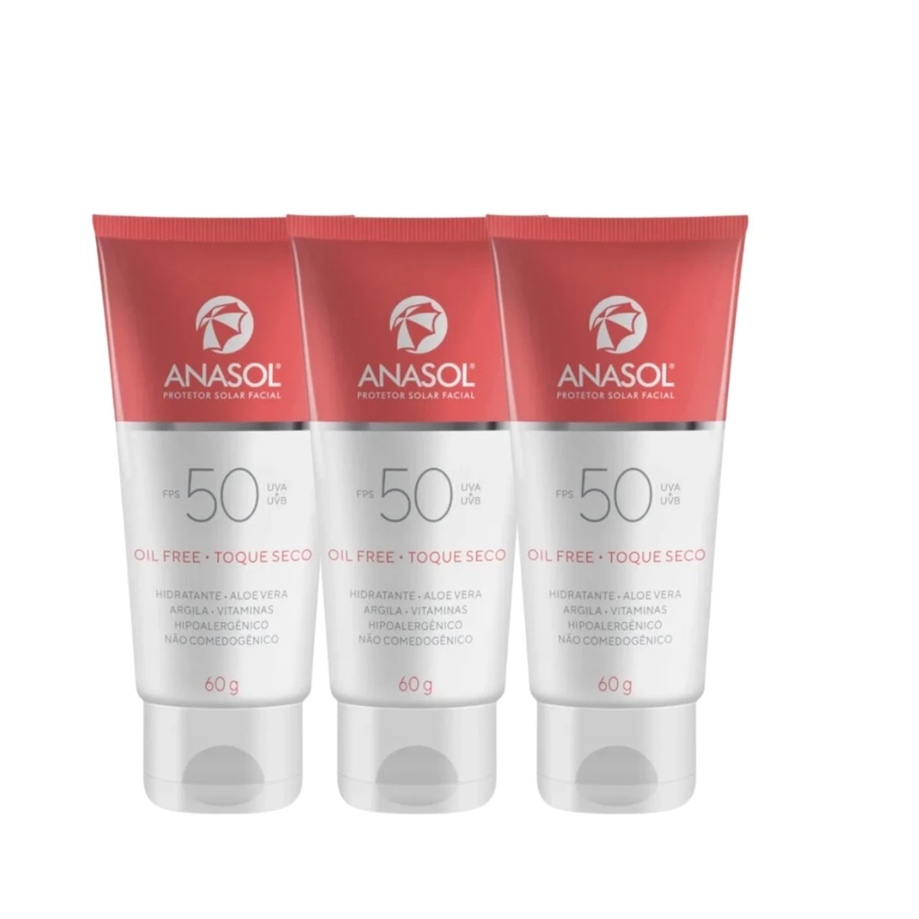 Anasol Protetor Rosto Kit Com 3 Unidades Toque Seco FPS50 Vitamina E Efeito Matte