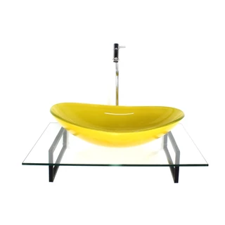 KIT CUBA DE VIDRO OVAL AMARELA COM TAMPO 60CM INCOLOR E SUPORTE TORNEIRA VALVULA