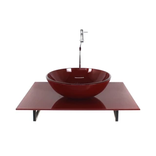 KIT CUBA DE VIDRO REDONDA COM TAMPO 60CM VERMELHO CEREJA FULL E SUPORTE PRETO