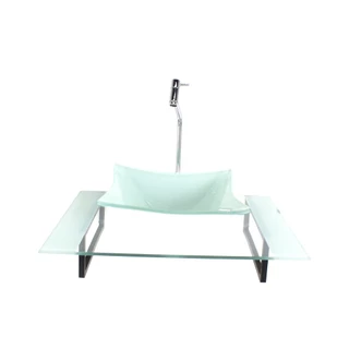 KIT CUBA DE VIDRO QUADRADA COM TAMPO 60CM BRANCO E SUPORTE PRETO