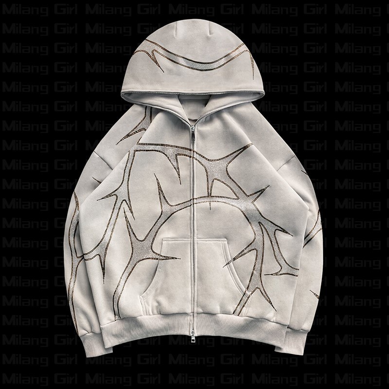 20000s Gótico Y2K Rhinestone Camiseta Gráfica Zip-up Hoodie