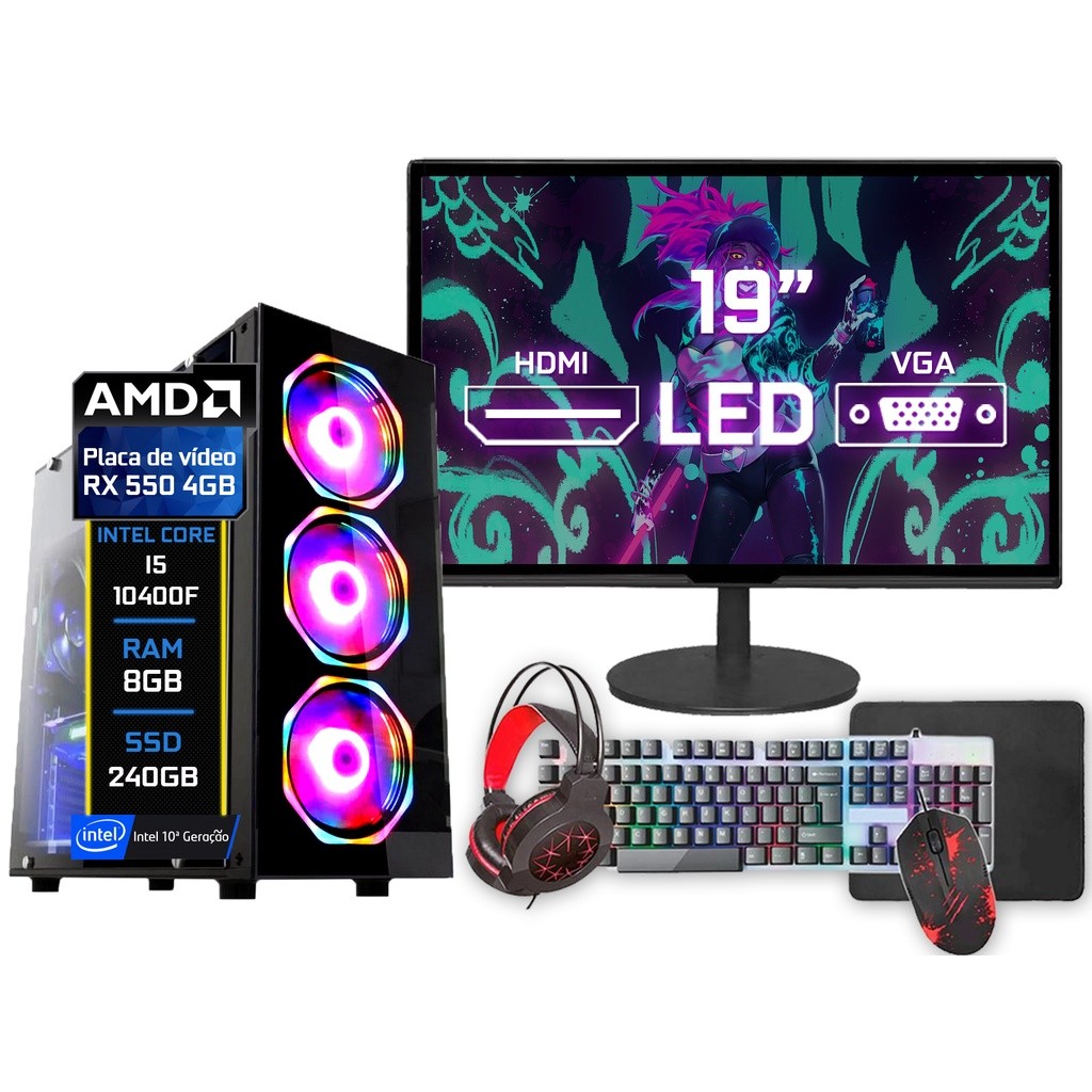 PC Gamer Intel i5 10400f 10ª 8GB DDR4 RX 550 4GB SSD 240GB Monitor 19" - Kit Gamer Teclado Mouse Headset - Fonte 500w
