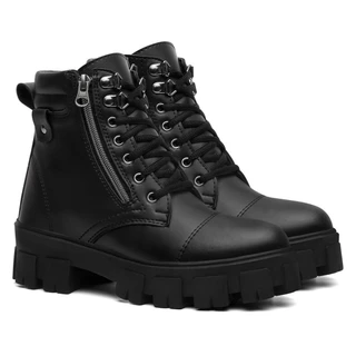 Bota Tratorada Feminina Zíper Lateral Sola Alta Cano Baixo Coturno Blogueira Moda Confortável
