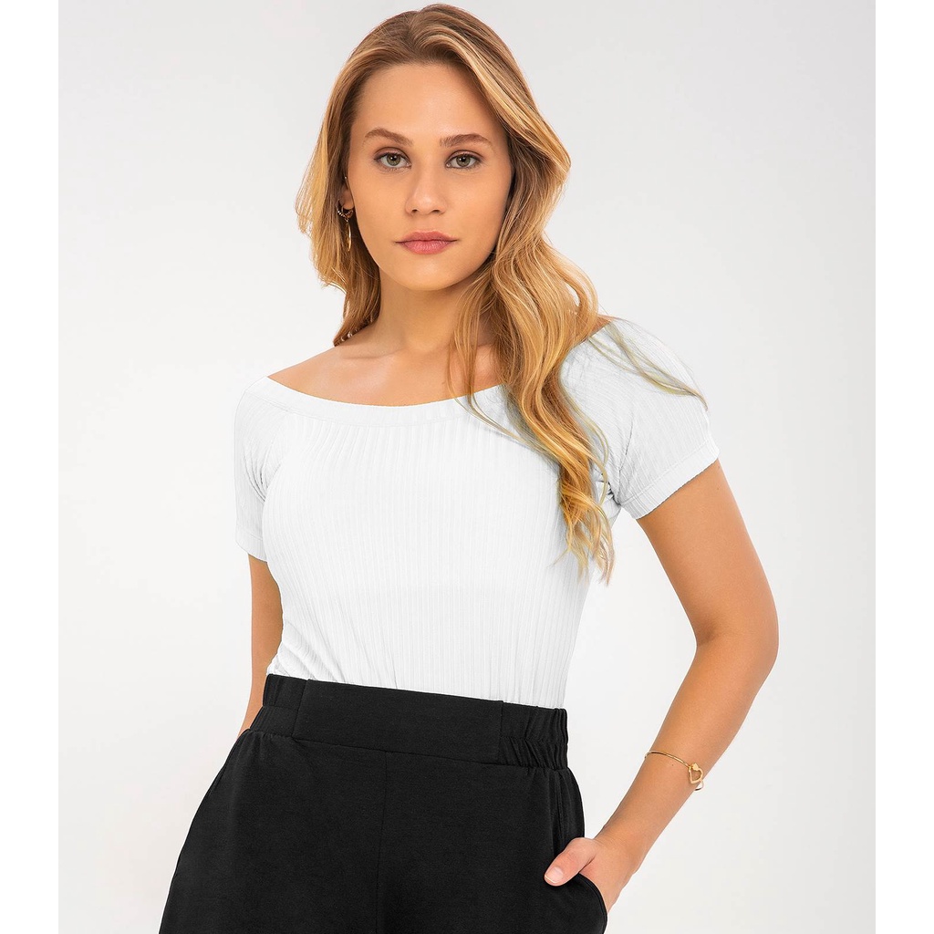 BLUSA FEMININA CANELADA DECOTE CANOA E COM ELASTICO VISCO TRICOT