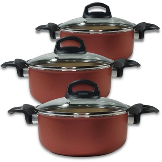 Kit 3 Peças Panelas Caçarolas 16, 18 e 20 cm Antiaderente 5 Camadas de Teflon com Tampa de Vidro Cor Cereja e Dourado